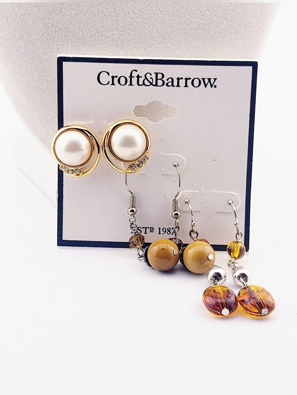 NWT Croft & Barrow 3 Pair Earring Set Pearl, Wood & Acryclic Amber Silver Tone